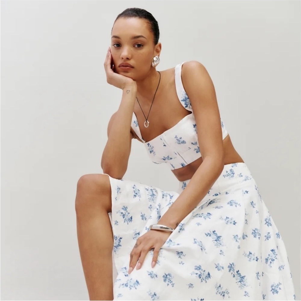 Reformation Linen Santana White and Blue Floral Top
